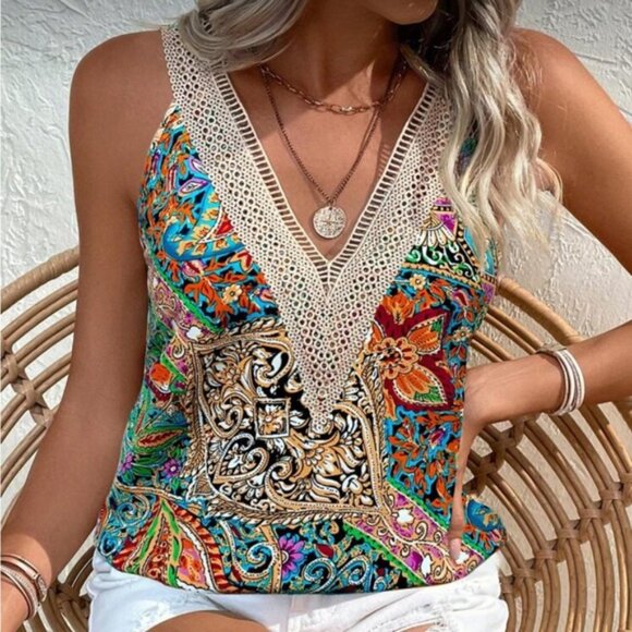 SHEIN Breezaya Multicolor Paisley Lace Trim Tank - Size Medium - Picture 4 of 6